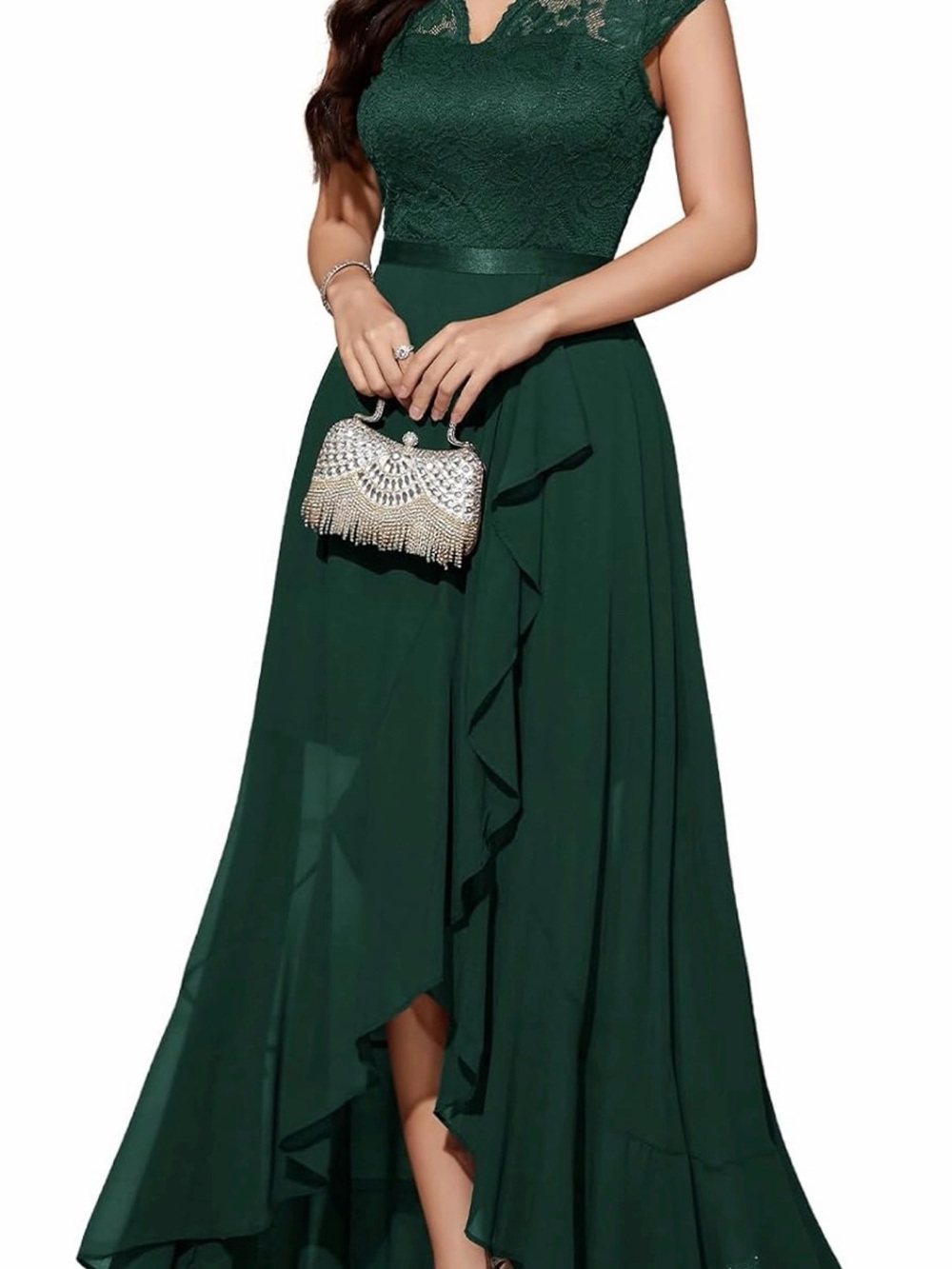 Forest Green Lace Bodice High-Low Chiffon Gown